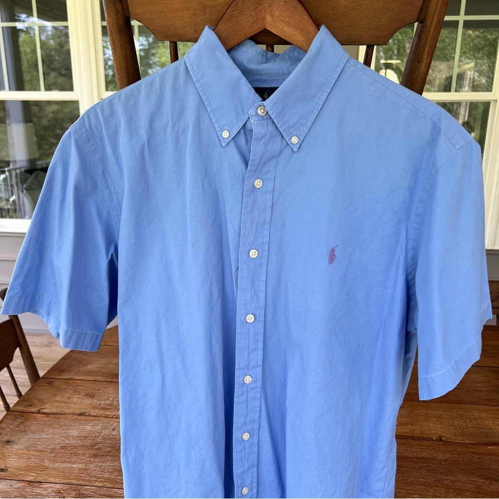 Ralph Lauren Custom Fit Men's Button Down Blue Short Sleeve Cotton Shirt L - Picture 2 of 15